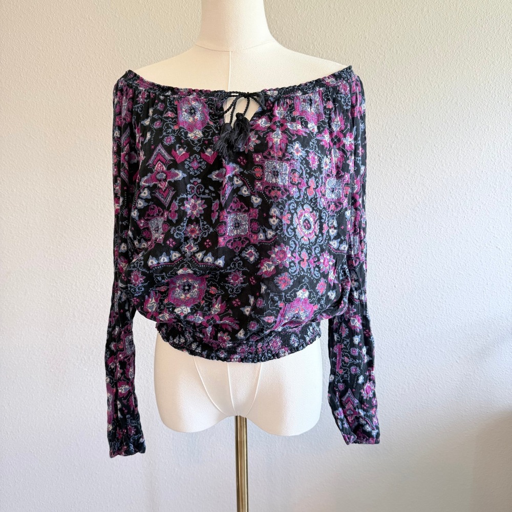 Hollister Floral Boho Off Shoulder Smocked Blouse Black Purple Tassel Small